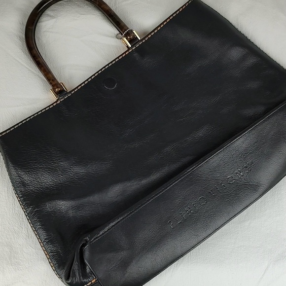 Plinio Visona Black Leather Tote Satchel NWOT Tortoiseshell Handles Y2K - Picture 2 of 6